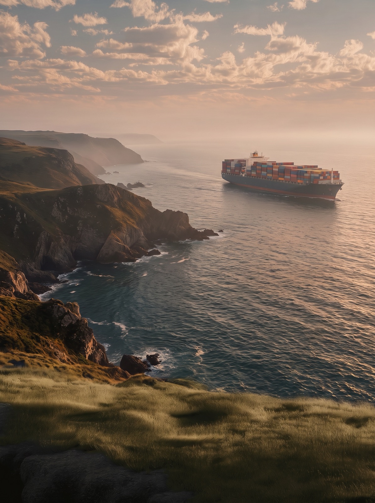 Container ship sailing along a rugged coastline at dusk